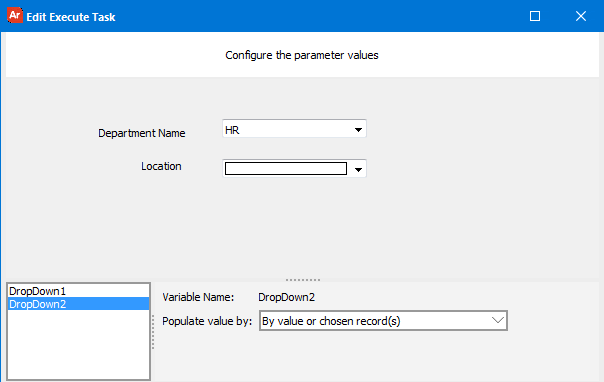 The edit dialog for the report execution task. The edit screen shows the main form for the datablock, a list of the controls on the form, and a drop down that determines how values are populated within each control.